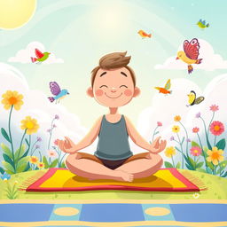 A vibrant cartoon-style illustration of a character meditating in a peaceful setting