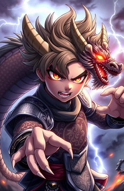 A fierce Chinese dragon boy in anime style, showcasing deadly features such as sharp claws and intense glowing eyes