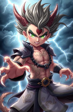 A fierce Chinese dragon boy in anime style, showcasing deadly features such as sharp claws and intense glowing eyes
