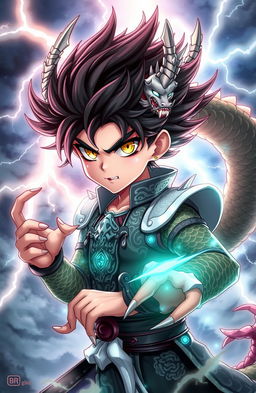 A fierce Chinese dragon boy in anime style, showcasing deadly features such as sharp claws and intense glowing eyes