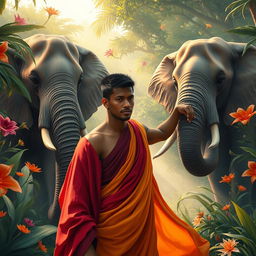 In a surrealist dream setting, a gay male African bodhisattva from the year 4001 is portrayed with short black hair and a handsome, chiseled face