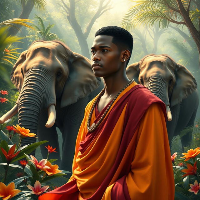 In a surrealist dream setting, a gay male African bodhisattva from the year 4001 is portrayed with short black hair and a handsome, chiseled face