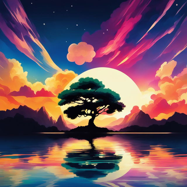 A high-quality digital art image that combines a serene landscape with the vibrant and energetic art style of Dragonball