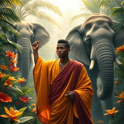 In a surrealist dream setting, a gay male African bodhisattva from the year 4001 is portrayed with short black hair and a handsome, chiseled face