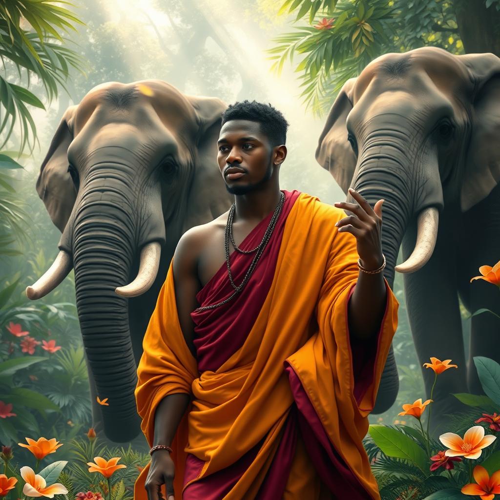 In a surrealist dream setting, a gay male African bodhisattva from the year 4001 is portrayed with short black hair and a handsome, chiseled face