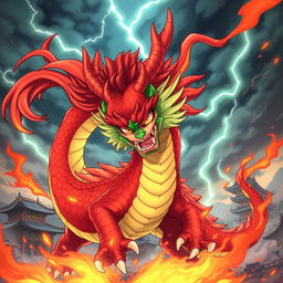 An anime scene featuring a fierce and wild Chinese dragon boy character, showcasing vibrant scales in hues of red and green