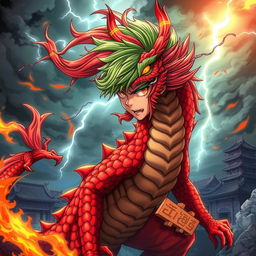 An anime scene featuring a fierce and wild Chinese dragon boy character, showcasing vibrant scales in hues of red and green