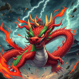 An anime scene featuring a fierce and wild Chinese dragon boy character, showcasing vibrant scales in hues of red and green