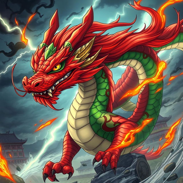 An anime scene featuring a fierce and wild Chinese dragon boy character, showcasing vibrant scales in hues of red and green