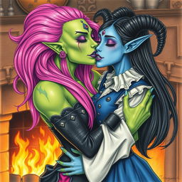 A Yuan-ti pureblood woman with green scaly skin and long bright pink hair, adorned with purple lipstick and a third eye on her forehead, passionately kissing a beautiful blue tiefling woman