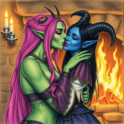 A Yuan-ti pureblood woman with green scaly skin and long bright pink hair, adorned with purple lipstick and a third eye on her forehead, passionately kissing a beautiful blue tiefling woman