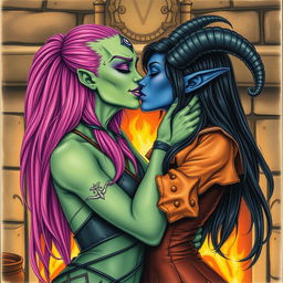 A Yuan-ti pureblood woman with green scaly skin and long bright pink hair, adorned with purple lipstick and a third eye on her forehead, passionately kissing a beautiful blue tiefling woman