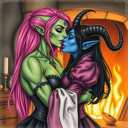 A Yuan-ti pureblood woman with green scaly skin and long bright pink hair, adorned with purple lipstick and a third eye on her forehead, passionately kissing a beautiful blue tiefling woman