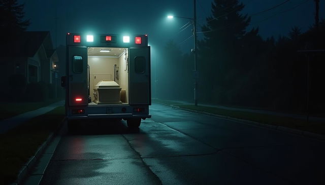 A tense night scene featuring an ambulance parked on a dimly lit street