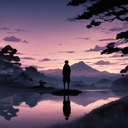 A high-quality digital art image that depicts a serene landscape with the dark and intense aesthetic of the Jujutsu Kaisen art style