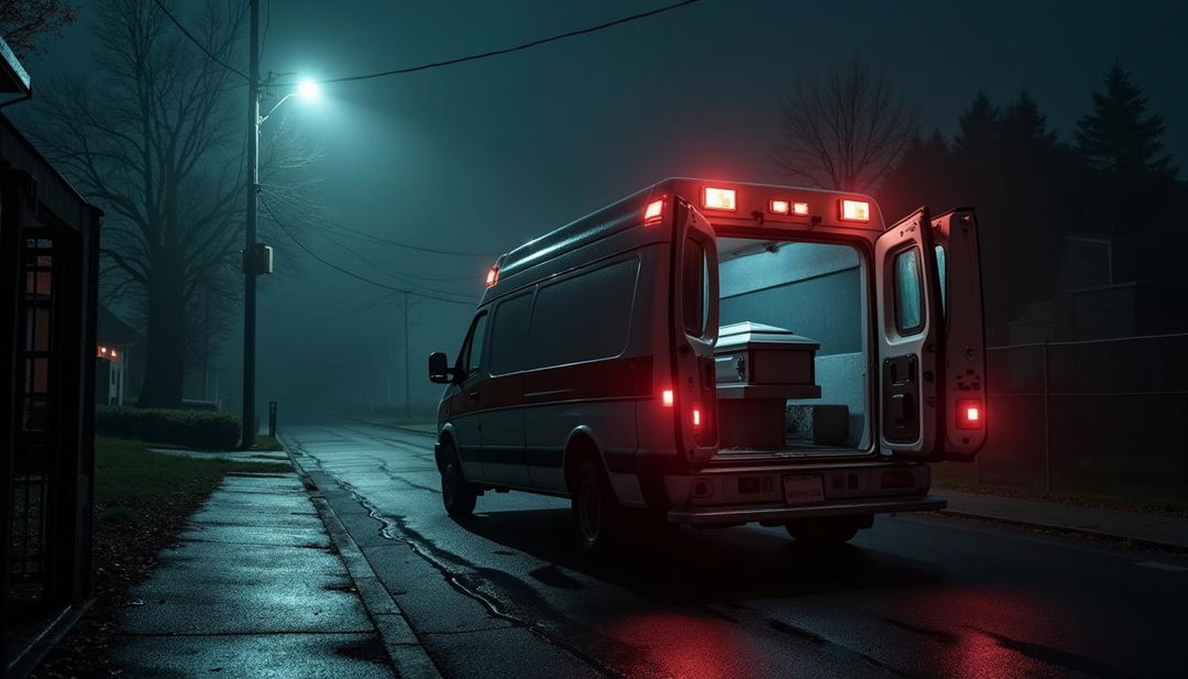 A tense night scene depicting an ambulance parked under a flickering streetlight, the back door wide open to reveal a coffin inside