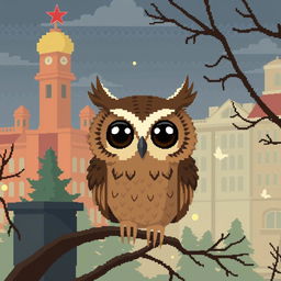 Pixel art depicting a melancholic scene inspired by Soviet cartoons, featuring a wistful owl in a nostalgic environment