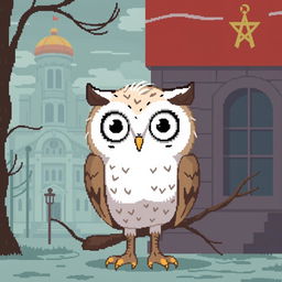 Pixel art depicting a melancholic scene inspired by Soviet cartoons, featuring a wistful owl in a nostalgic environment