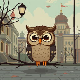 Pixel art depicting a melancholic scene inspired by Soviet cartoons, featuring a wistful owl in a nostalgic environment