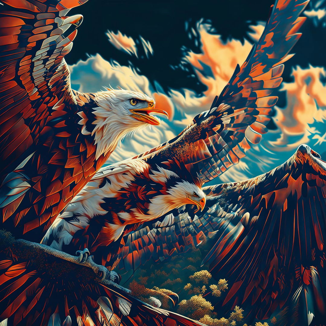 A high-quality digital art image depicting two majestic eagles soaring in the sky