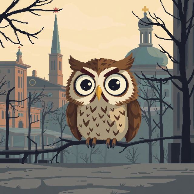 Pixel art depicting a melancholic scene inspired by Soviet cartoons, featuring a wistful owl in a nostalgic environment