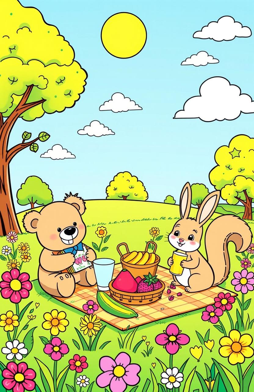 A colorful and engaging children's coloring book page featuring a whimsical scene of animals having a picnic in a sunny meadow