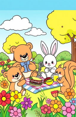 A colorful and engaging children's coloring book page featuring a whimsical scene of animals having a picnic in a sunny meadow