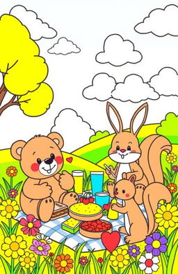 A colorful and engaging children's coloring book page featuring a whimsical scene of animals having a picnic in a sunny meadow