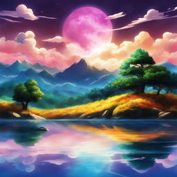 A high-quality digital art image that combines a serene landscape with the vibrant and dynamic art style of Dragonball Super