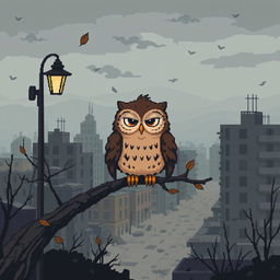 Pixel art style depicting a somber scene reminiscent of a Soviet-era cartoon, featuring a nostalgic landscape with faded colors and melancholic expressions