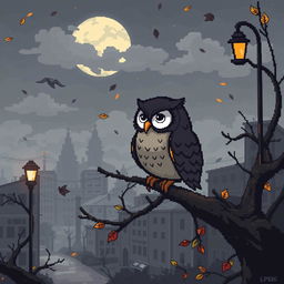 Pixel art style depicting a somber scene reminiscent of a Soviet-era cartoon, featuring a nostalgic landscape with faded colors and melancholic expressions