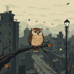 Pixel art style depicting a somber scene reminiscent of a Soviet-era cartoon, featuring a nostalgic landscape with faded colors and melancholic expressions