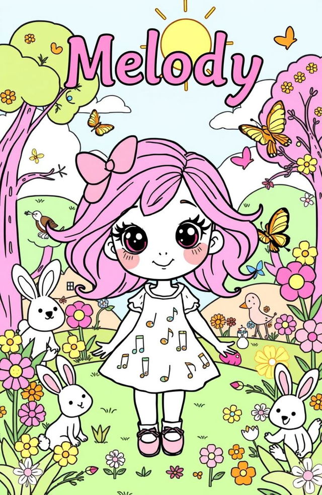 A whimsical and colorful coloring book page featuring a cute cartoon character named Melody