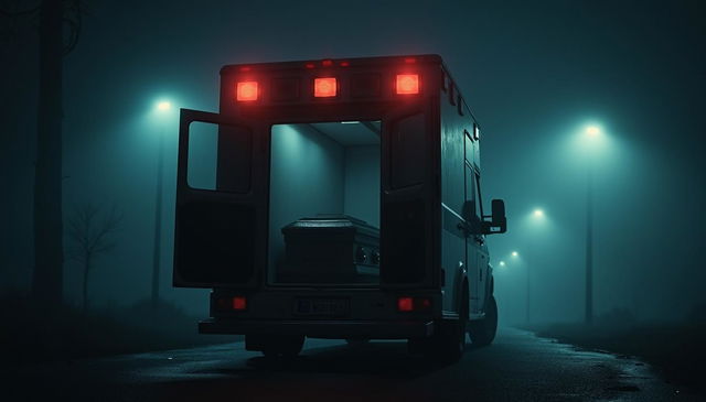 A tense and scary night scene showcasing an ambulance parked ominously in a dimly lit area