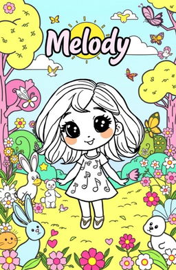 A whimsical and colorful coloring book page featuring a cute cartoon character named Melody