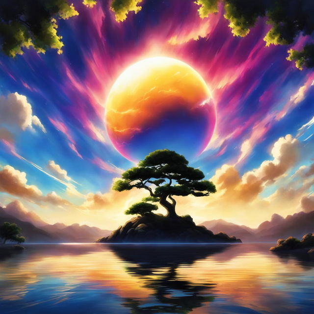 A high-quality digital art image that combines a serene landscape with the vibrant and dynamic art style of Dragonball Super