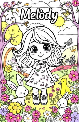 A whimsical and colorful coloring book page featuring a cute cartoon character named Melody