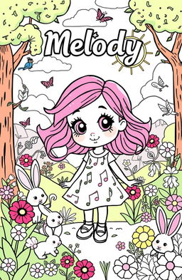 A whimsical and colorful coloring book page featuring a cute cartoon character named Melody