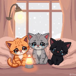 A pixel art scene featuring adorable, sad kittens sitting together in a cozy indoor setting