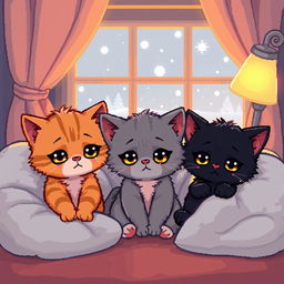 A pixel art scene featuring adorable, sad kittens sitting together in a cozy indoor setting