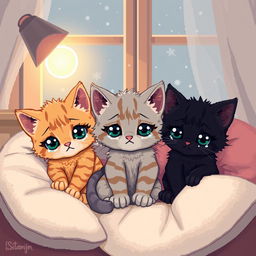 A pixel art scene featuring adorable, sad kittens sitting together in a cozy indoor setting