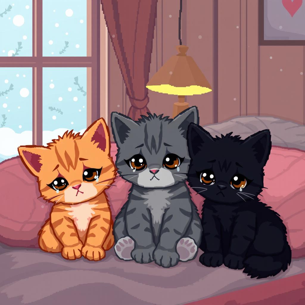 A pixel art scene featuring adorable, sad kittens sitting together in a cozy indoor setting