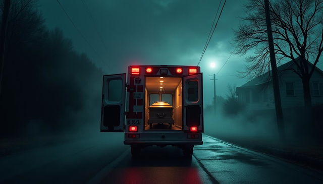 A tense and scary night scene illustrating an ambulance parked ominously on a deserted street