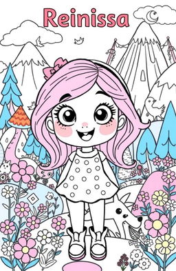 A vibrant and engaging coloring book page featuring a cute cartoon character named Reinissa, an adventurous young girl with big, expressive eyes and flowing hair