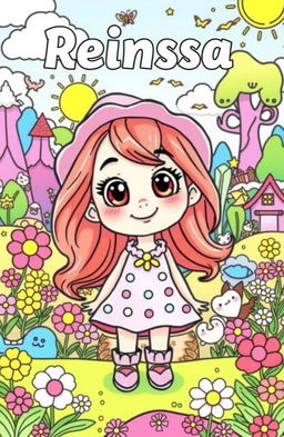 A vibrant and engaging coloring book page featuring a cute cartoon character named Reinissa, an adventurous young girl with big, expressive eyes and flowing hair