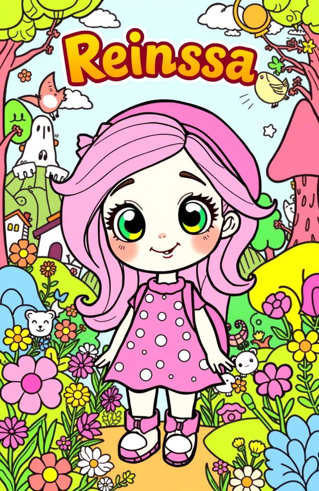 A vibrant and engaging coloring book page featuring a cute cartoon character named Reinissa, an adventurous young girl with big, expressive eyes and flowing hair