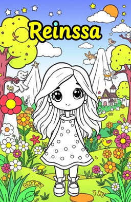 A vibrant and engaging coloring book page featuring a cute cartoon character named Reinissa, an adventurous young girl with big, expressive eyes and flowing hair