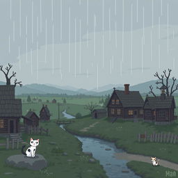 Pixel art depicting a melancholic landscape from Простоквашино, featuring an old village with charming wooden houses, a gray sky, and subtle rain falling