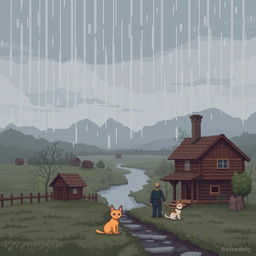Pixel art depicting a melancholic landscape from Простоквашино, featuring an old village with charming wooden houses, a gray sky, and subtle rain falling