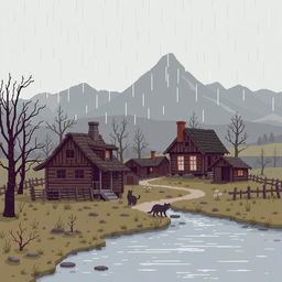 Pixel art depicting a melancholic landscape from Простоквашино, featuring an old village with charming wooden houses, a gray sky, and subtle rain falling